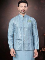 Light Blue Pure SIlk Readymade Kurta Pajama With Jacket